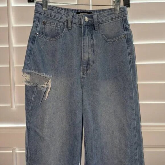 *3 FOR $9* Missguided Wide Leg Straight Fit Light Wash Rinse High Rise Pant Jean - Picture 3 of 4